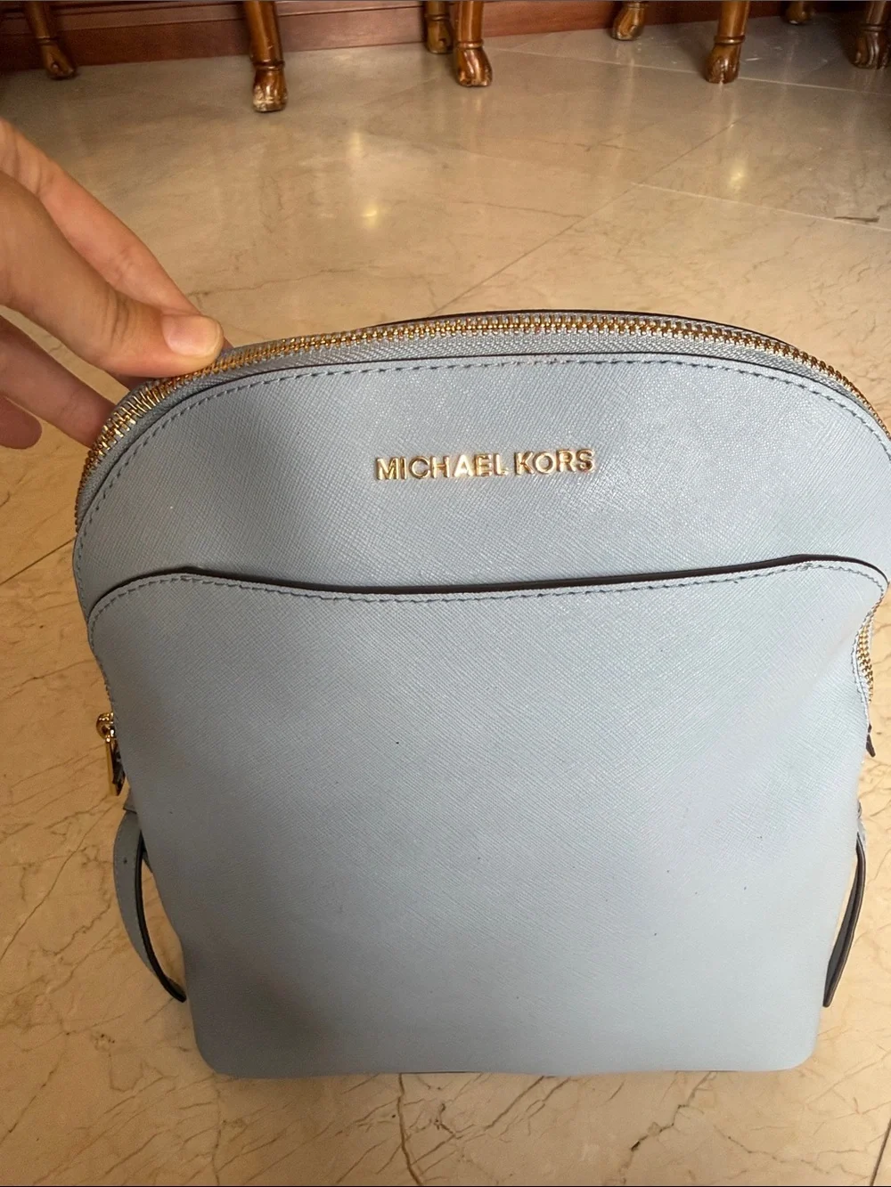 Michael Kors Pale Blue Saffiano Leather Backpack with Gold Hardware